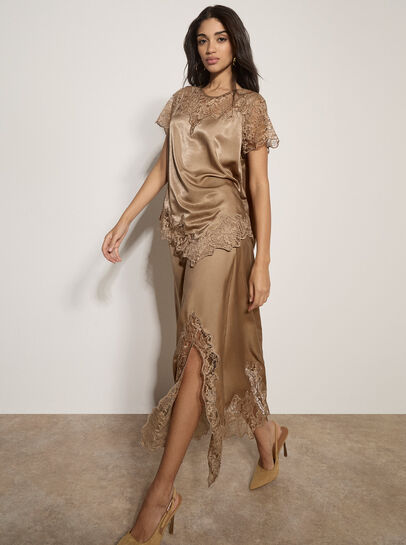 Lace Hem Satin Midi Skirt