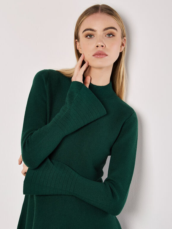 Bell Sleeve Knitted Skater Mini Dress, Green, large