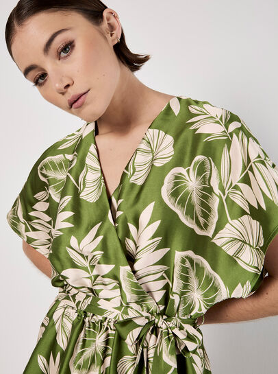 Tropical Leaf Print Satin Mini Dress