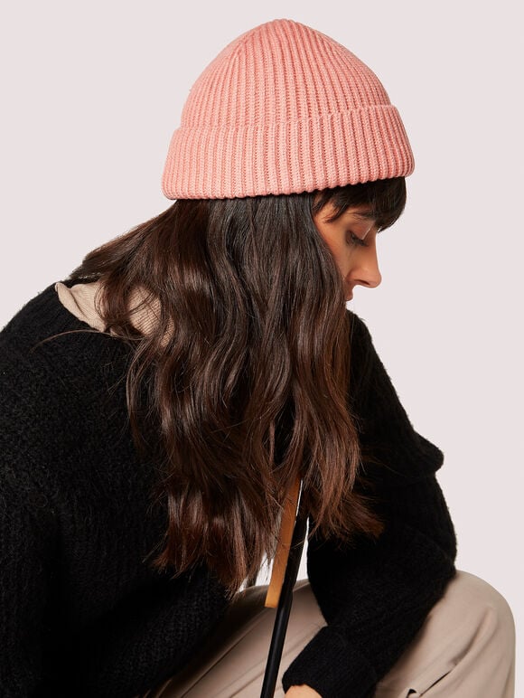 Fisherman Ribbed Beanie Hat, Pink, large