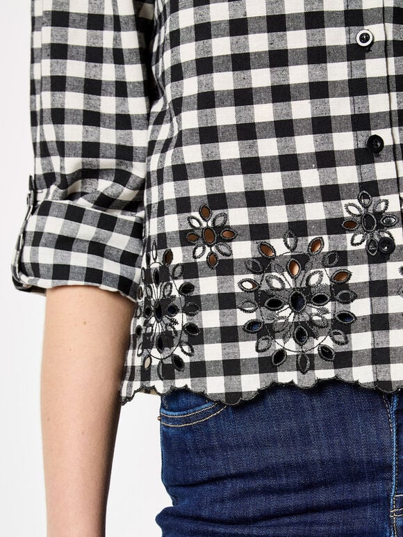 Gingham Embroidered Hem Shirt, Black, large