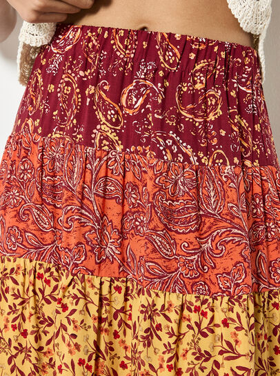 Patchwork Print Tiered Maxi Skirt