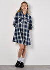 Washed Check Western Shirt Mini Dress, Blue, large