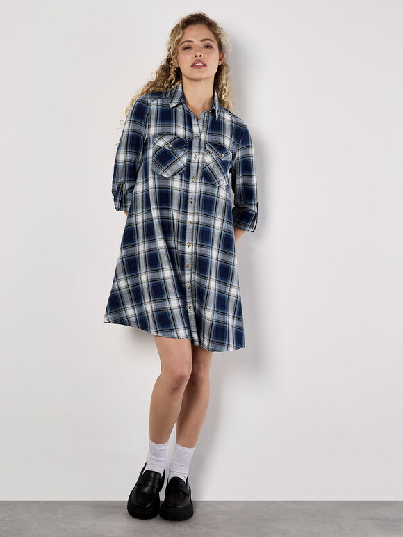 Washed Check Western Shirt Mini Dress, Blue, large
