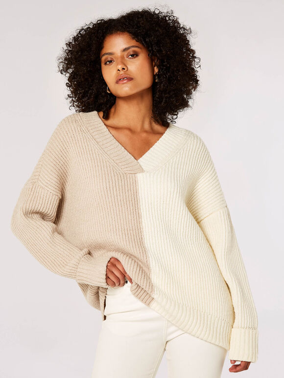 Zweifarbiger Farbblock-Pullover, Creme, groß