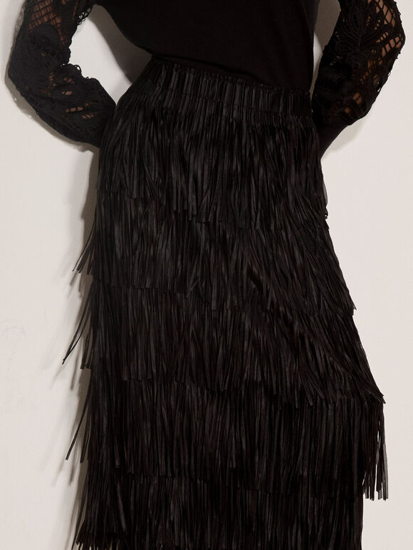 Fringe Trim Tiered Midi Skirt, Black, large