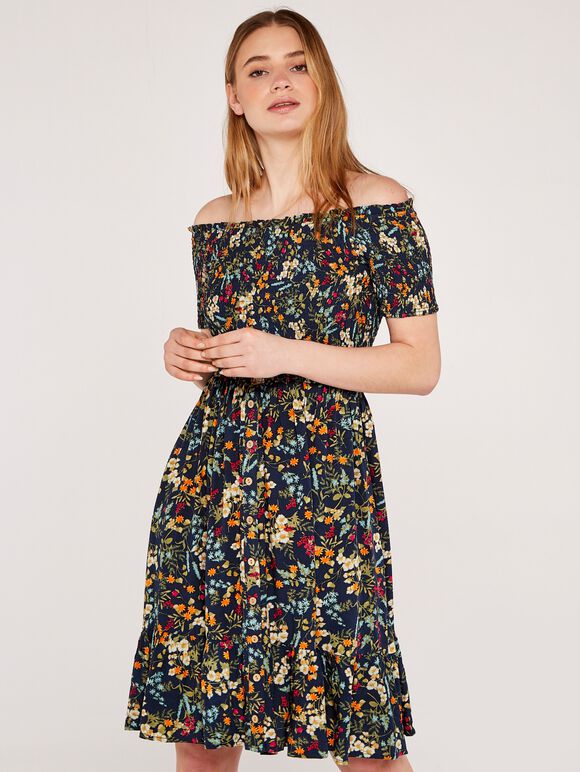 Off Shoulder Botanical Floral Dress, Navy, large