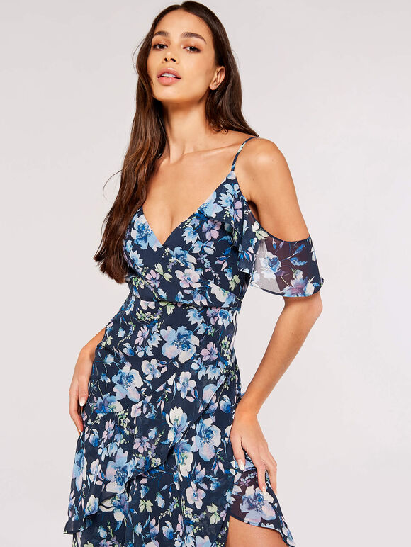 Watercolour Blooms Midi Dress, Navy, large