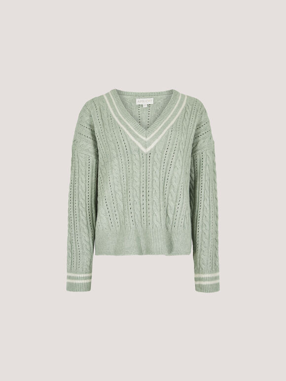 Cable Knit Cricket Jumper, Mint, large