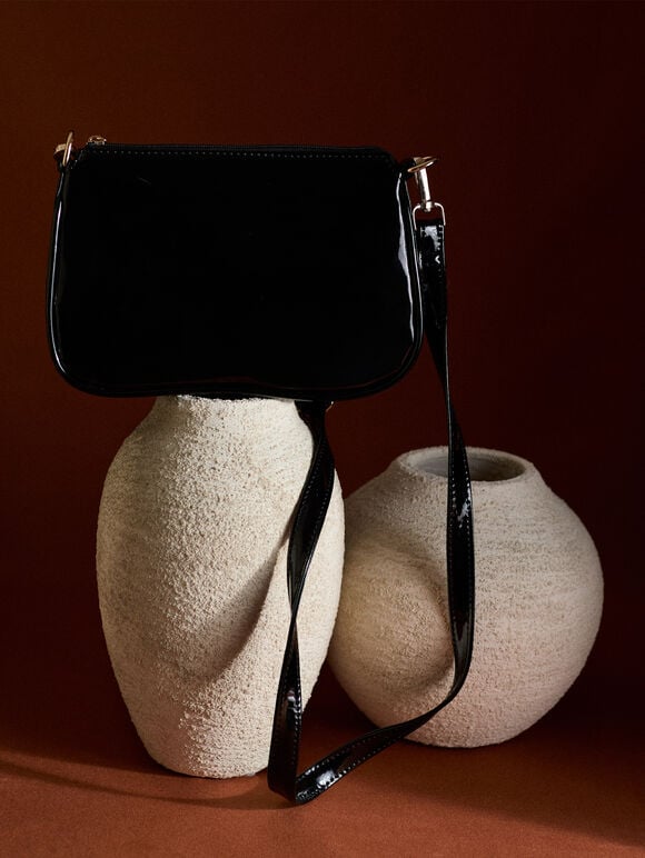 Patent Faux Leather Crossbody Bag, Black, large