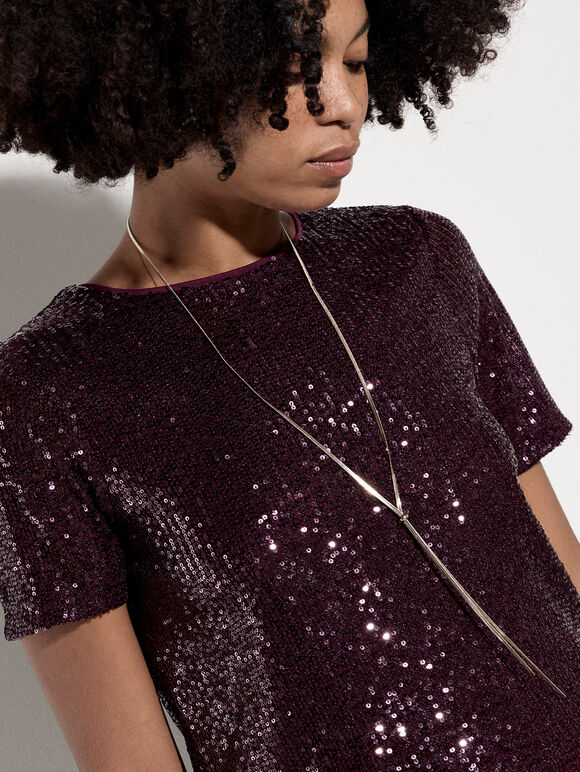 Sequin Embellished T-Shirt, Burgundy, large
