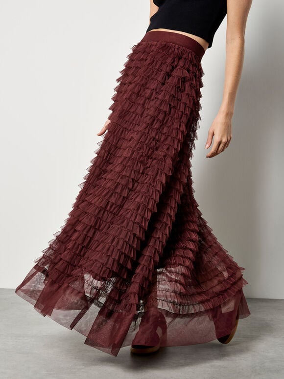 Ruffle Tiered Tulle Maxi Skirt, Burgundy, large
