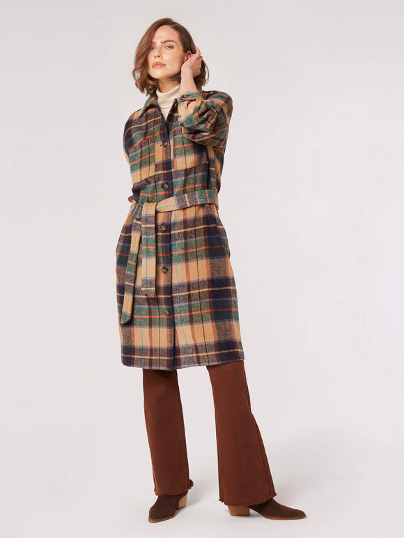 Checked Oversized Shirt Coat, Brown, large