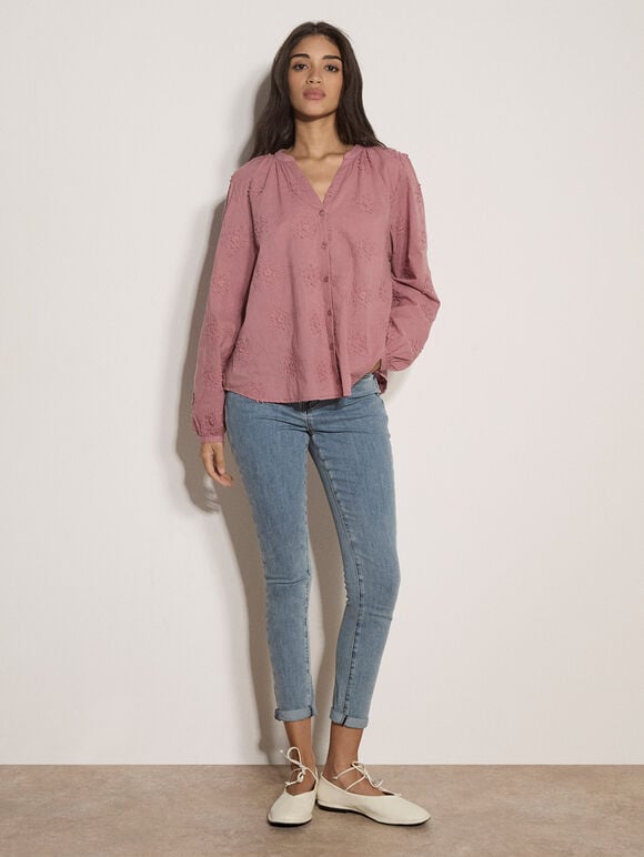 Floral Embroidered Cotton Blouse, Pink, large