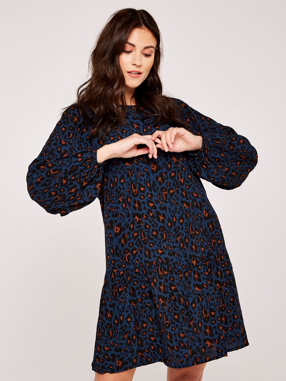 Tiered Babydoll Crew Neck Dress, Navy, large