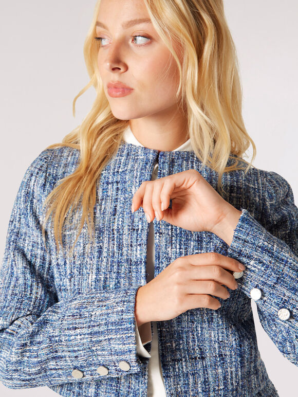 Shimmer Tweed Cropped Blazer, Blue, large