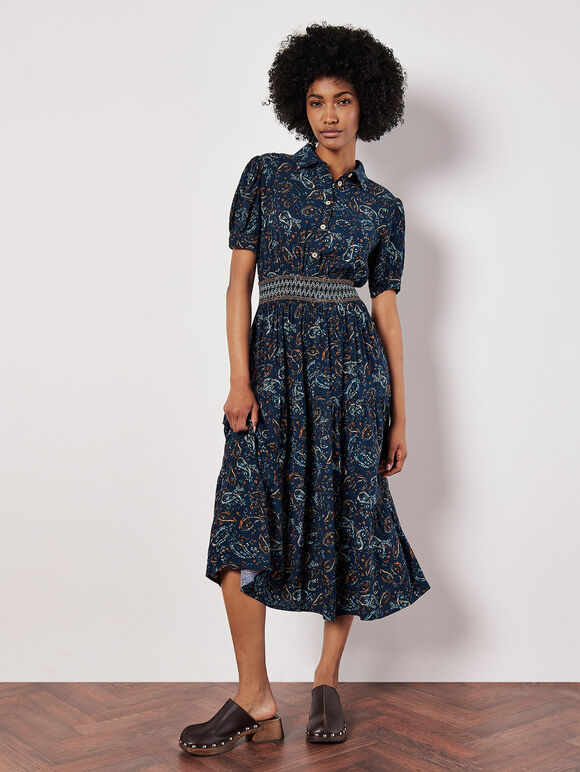 Paisley Shirt Midi Dress, Navy, large