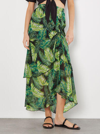 Tropical Leaf Chiffon Tiered Maxi Skirt