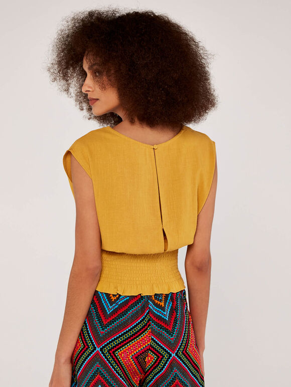 Shirred Waist Crop Top, Mustard, large