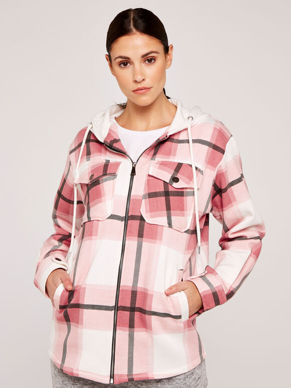 Check Zip Through Shacket, Pink, large
