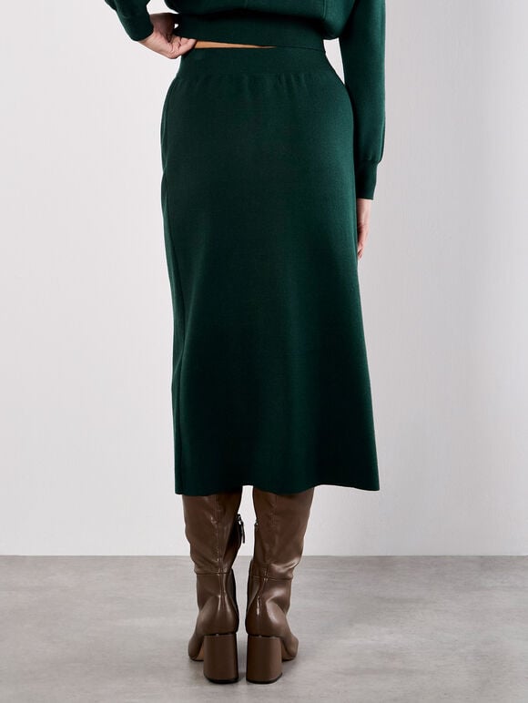 Ribbed Knit Button-Down Midi Skirt, Green, large