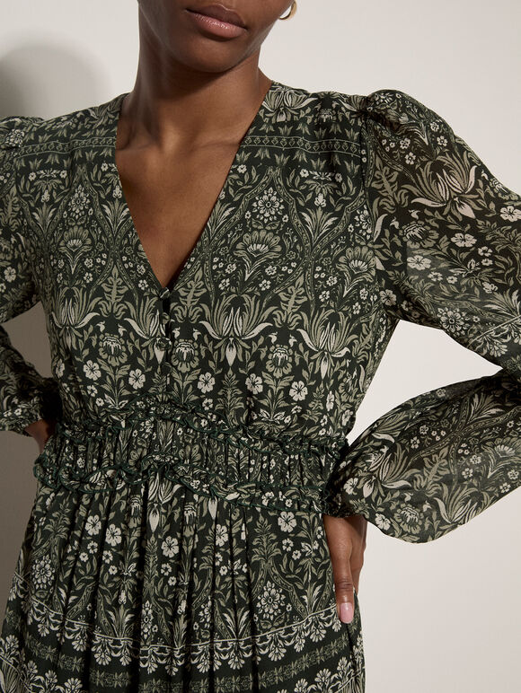 Floral Print Ruffle Midi Dress, Green, large