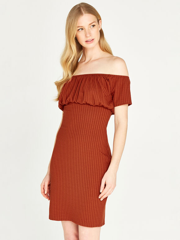 Milkmaid Bardot Ribbed Dress, Rust, large