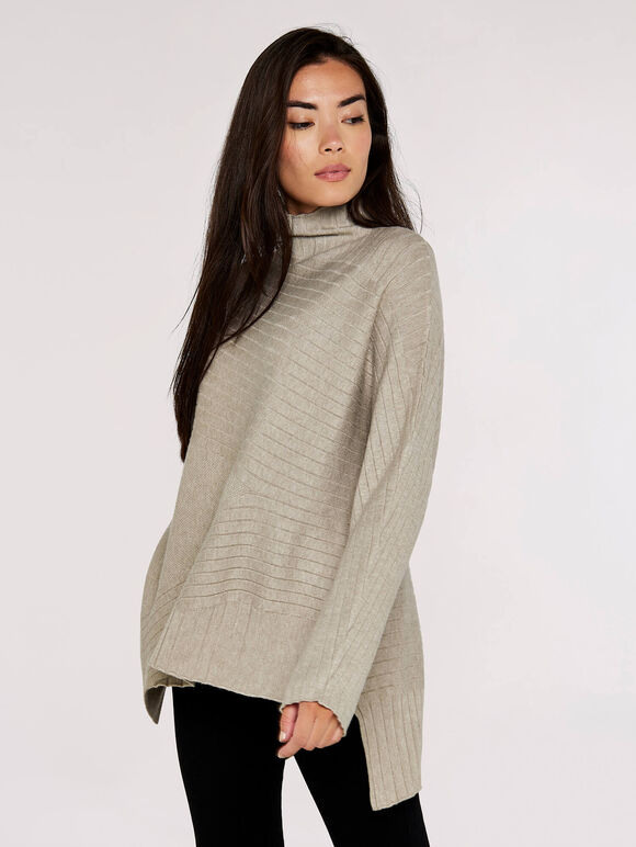 Waffle Assymetrical Hem Jumper, Stone, large