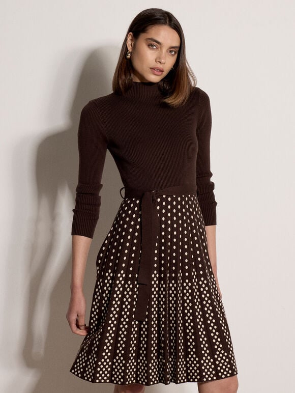 Ribbed Knit Polka Dot Midi Dress, Brown, large