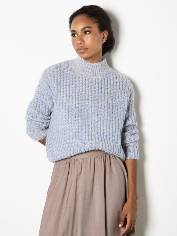 Mock Neck Soft Chunky Knit Jumper, Blue, large