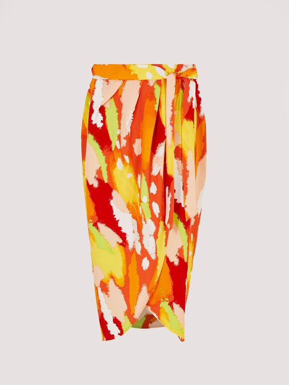 Printed  Wrap Midi Skirt, Orange, large