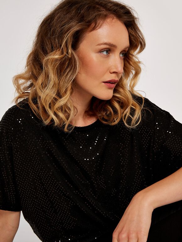 Mini Sequin Batwing Top, Black, large