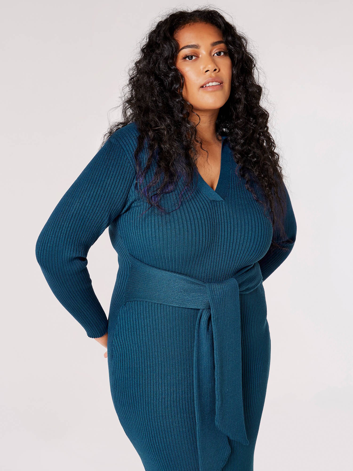 Curve Ribbed Midi Dress Apricot Clothing