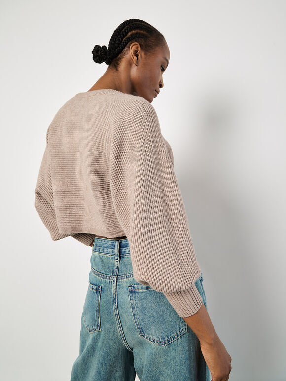Ribbed Knit Cropped Cardigan, Brown, large