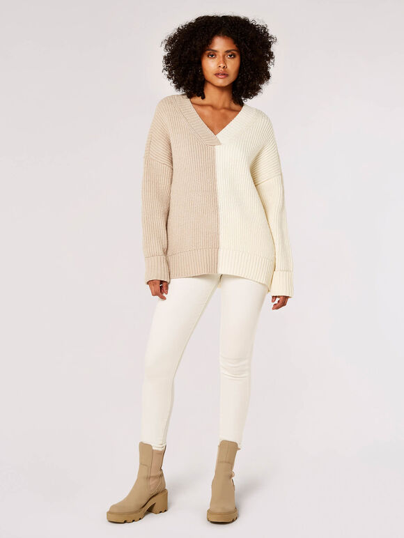 Zweifarbiger Farbblock-Pullover, Creme, groß