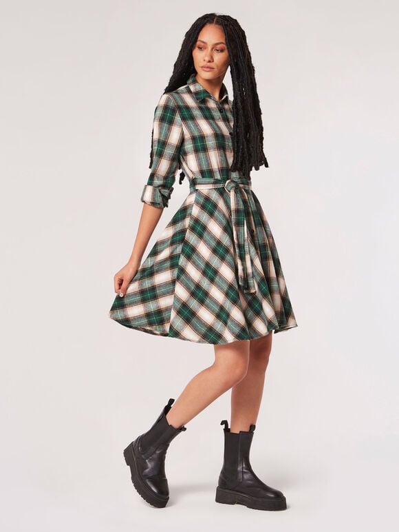 Check Shirt Skater Mini Dress, Green, large