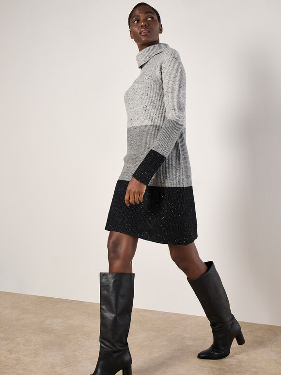 Ribbed Knit Colour Block Mini Dress, Black, large