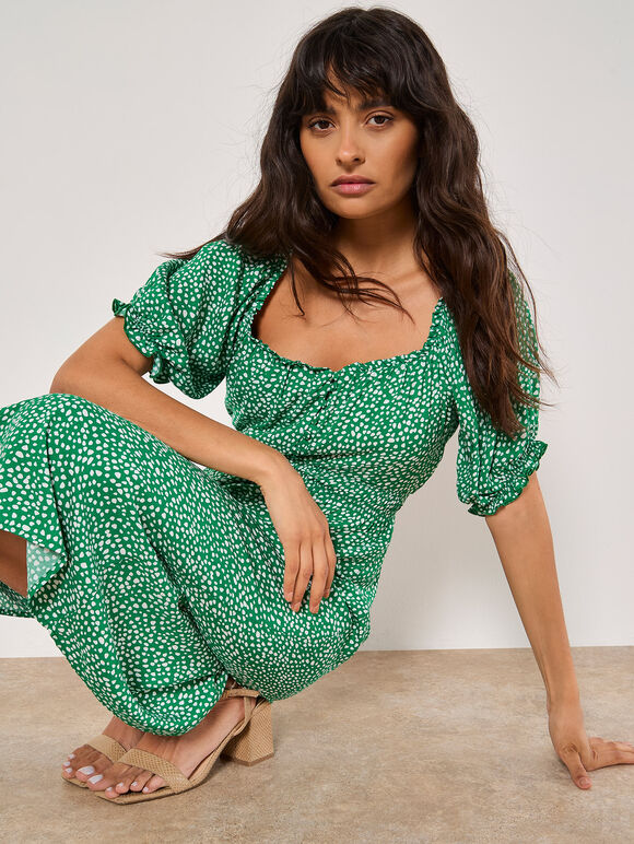 Spot Print Milkmaid Midi Dress, Green, large