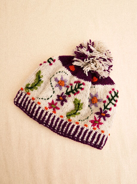 Hand-Knitted Floral Embroidered Beanie Hat