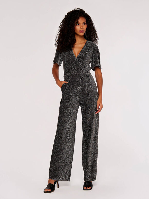 Metallic Sparkle Wide Leg Jumpsuit, Light Grey / Silver, large