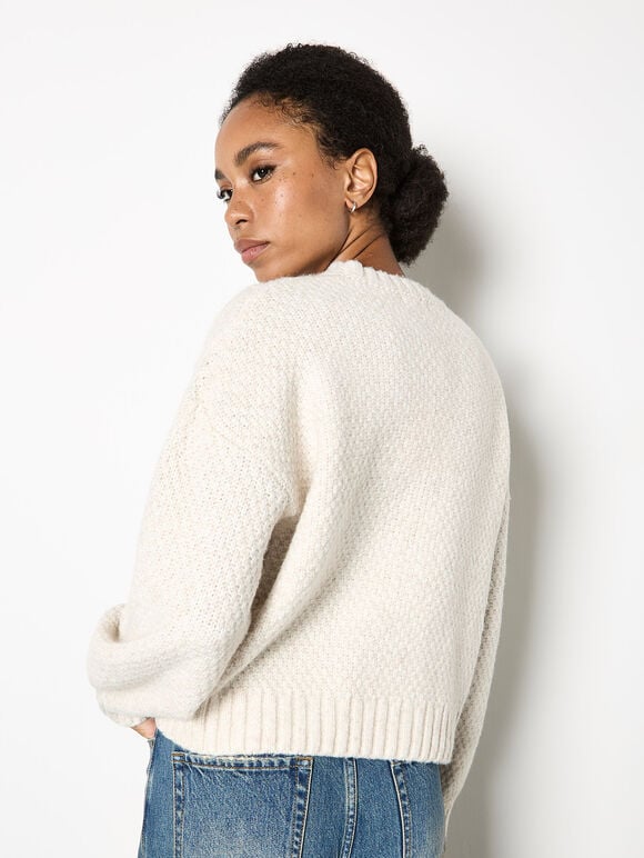 Chunky Cable Knit Crop Jumper, Stone, large
