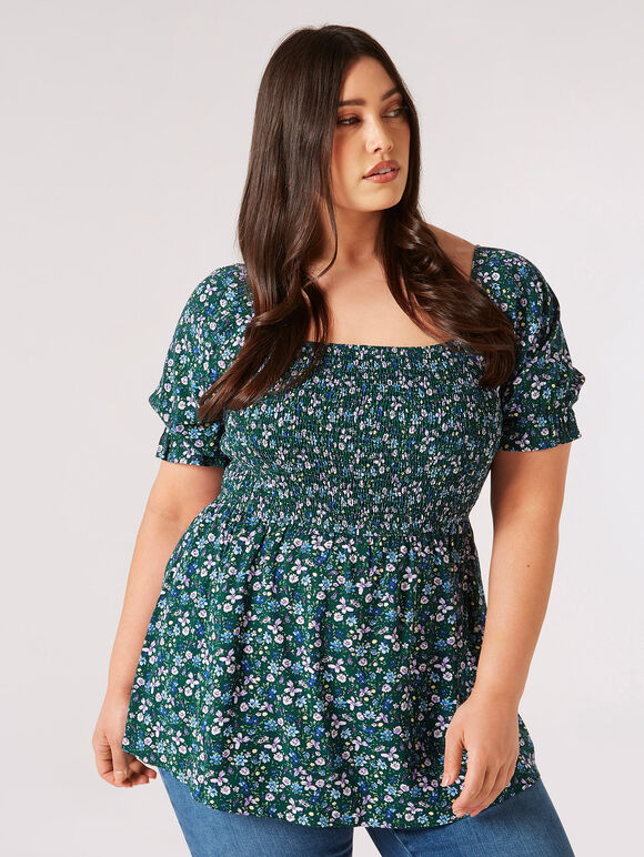 Curve Daisy Floral Milkmaid Top, Green, large