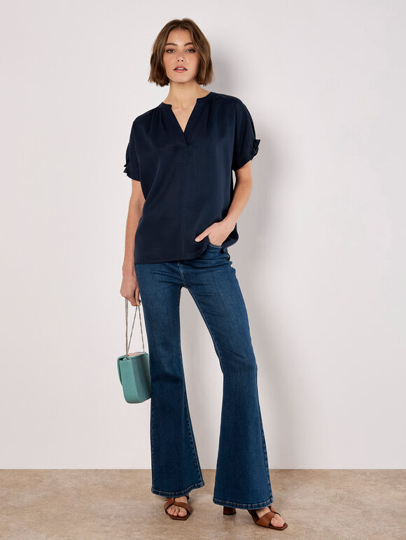 Ruffle Sleeve Woven T-Shirt, Navy, large
