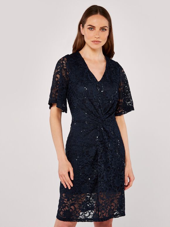 Sequin Front Knot Lace Dress, Navy, large