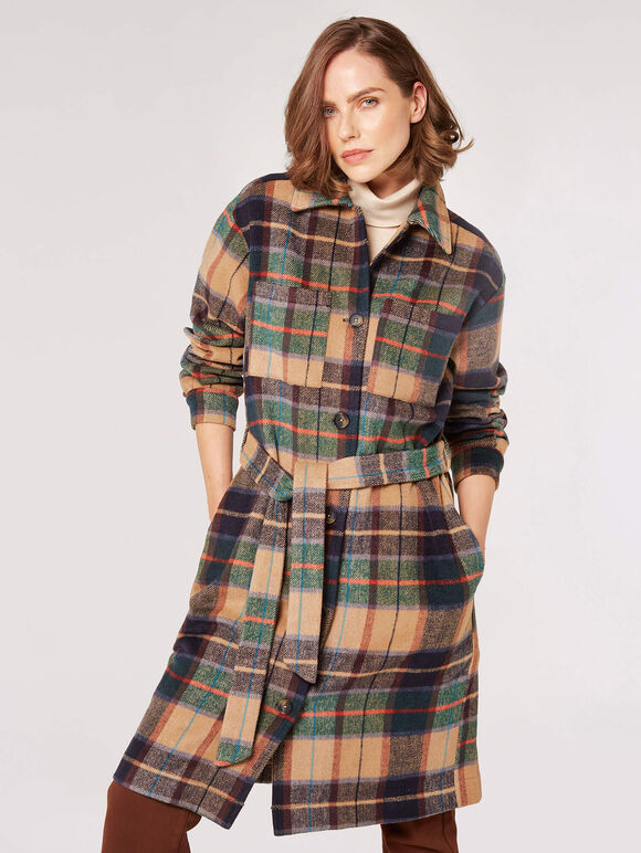 Checked Oversized Shirt Coat, Brown, large