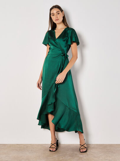 Satin Ruffle Wrap Maxi Dress