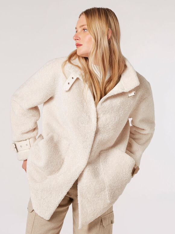 Tight Knit Borg Oversized Coat, Cream, large