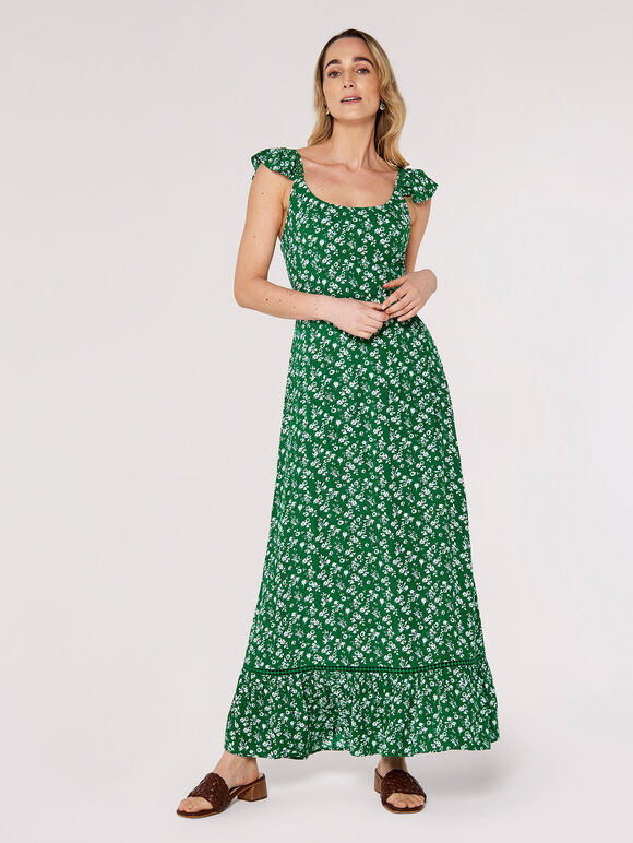 Ditsy Floral Maxi Dress, Green, large