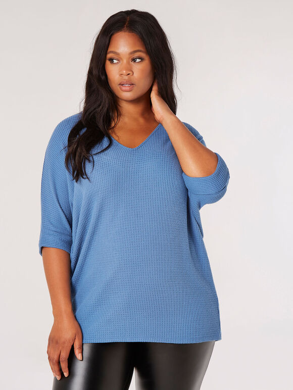Curve Textured V-Neck Batwing Top, Blue, large