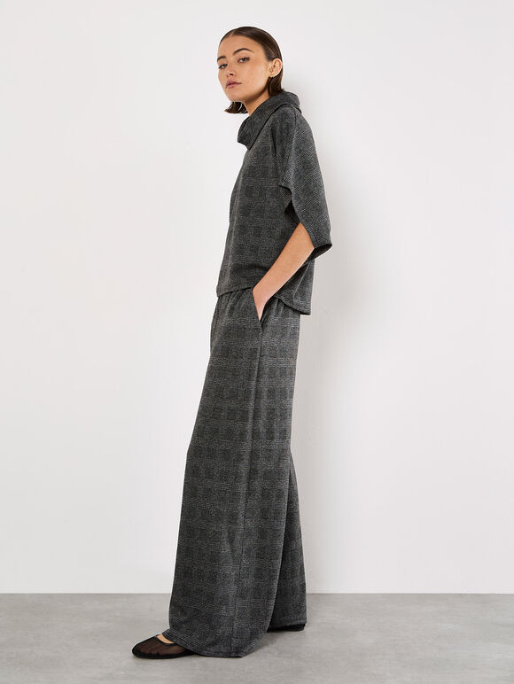 Check Print Wide Leg Trousers, Grey, large